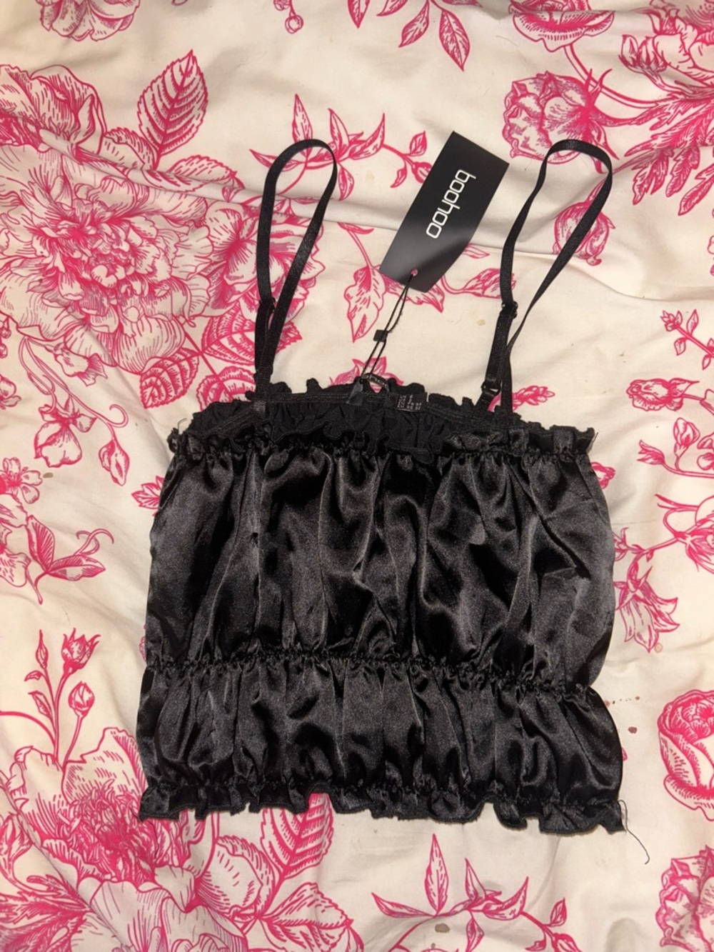 Boohoo Black Satin Ruched Cami Crop Top